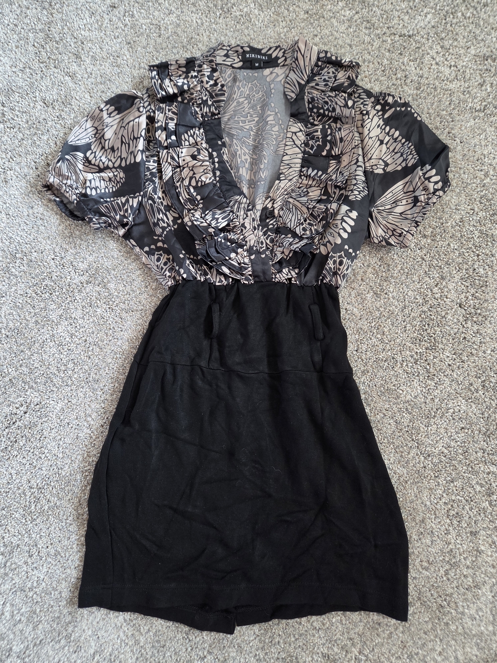 Black & Champagne Floral Ruffle V-Neck Mini Bodycon Dress